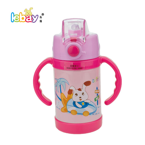 樂(lè)蓓紅色雙柄時(shí)尚卡通保溫杯