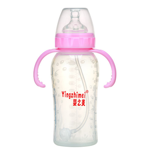 嬰之美寬口雙耳自動硅膠弧形奶瓶300ML粉色