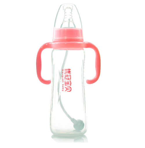 優(yōu)冠寶貝標口帶柄自動PP奶瓶300ml紅色