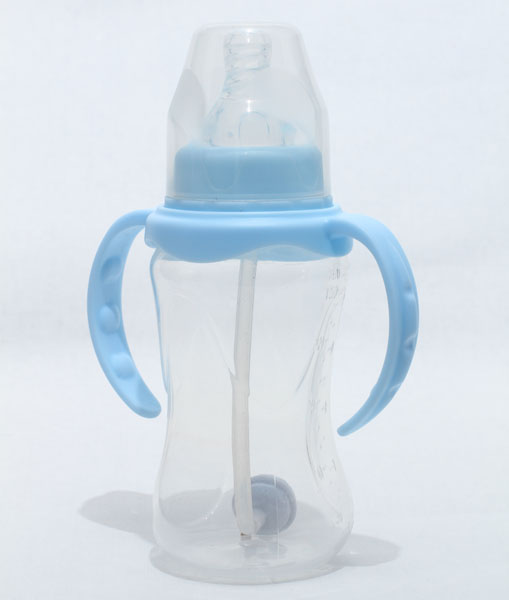 新兒寶天藍(lán)色標(biāo)口150ml雙耳自動(dòng)菱腰形PP奶瓶