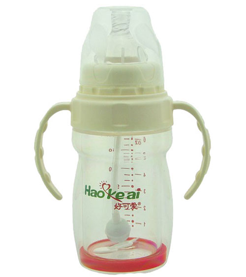 好可愛(ài)寬口自動(dòng)吸管手柄雙層晶鉆玻璃奶瓶180ML