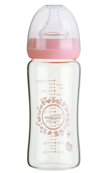 惟特思粉紅晶鉆玻璃印花奶瓶240ml(無把手)