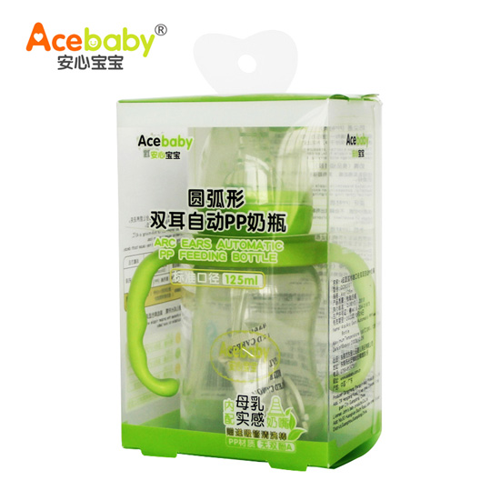 安心寶寶125ml標(biāo)口圓弧形雙耳自動(dòng)PP奶瓶綠色手柄盒裝
