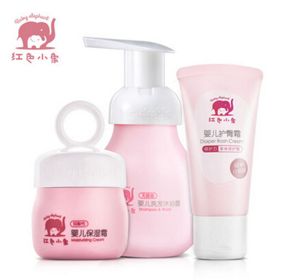 紅色小象嬰兒洗護三件套裝 洗發(fā)沐浴保濕霜護臀霜