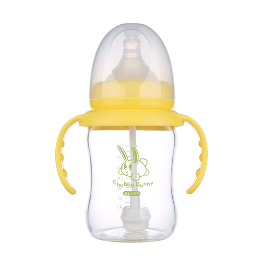 丘比兔玻璃寬口徑葫蘆型自動(dòng)把手奶瓶160ML黃色