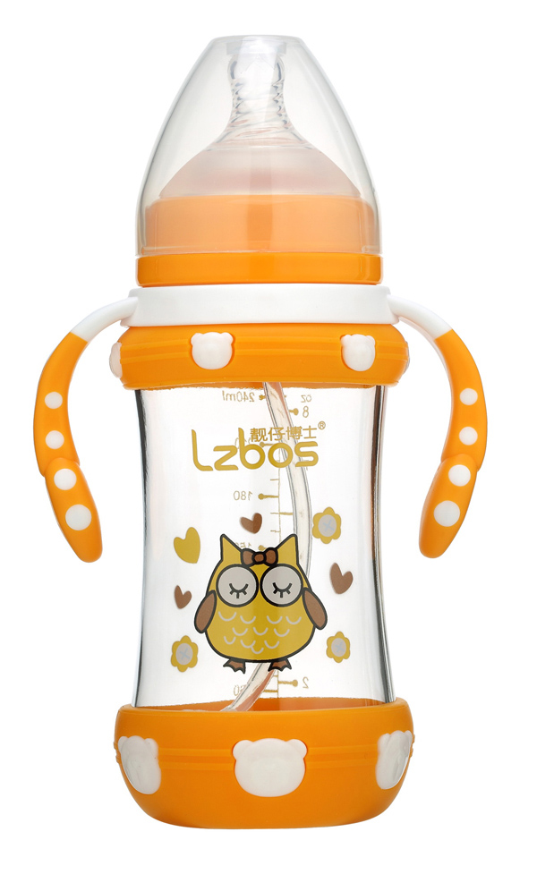 靚仔博士寬口抗摔玻璃奶瓶橙色
