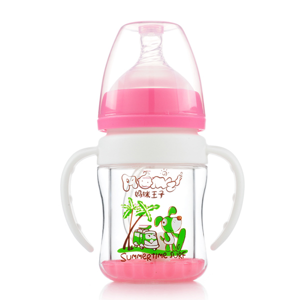 媽咪王子防爆晶鉆玻璃寬口120ml自動吸奶瓶 粉色色