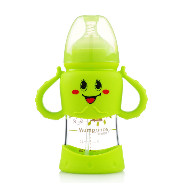 媽咪王子寬口晶鉆玻璃自動吸卡通奶瓶200ml 綠色
