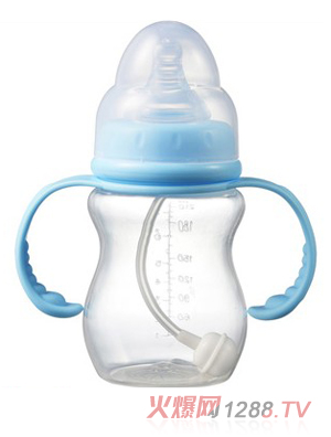 寶德寬口弧形雙柄自動PP奶瓶藍