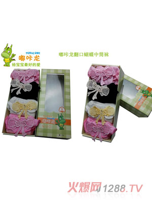 嘟咔龍7蝴蝶結(jié)翻口中筒襪4雙禮盒裝童襪