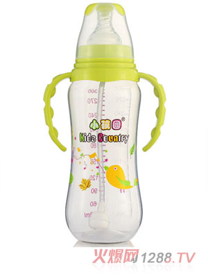 小孩國標(biāo)口自動(dòng)弧形PP安全奶瓶300 ML青色