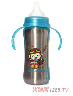 優(yōu)優(yōu)馬騮不銹鋼寬口徑保溫奶瓶藍色