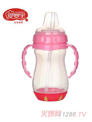 愛(ài)嬰寶感溫寬口yinge雙手柄PP學(xué)飲杯270ml